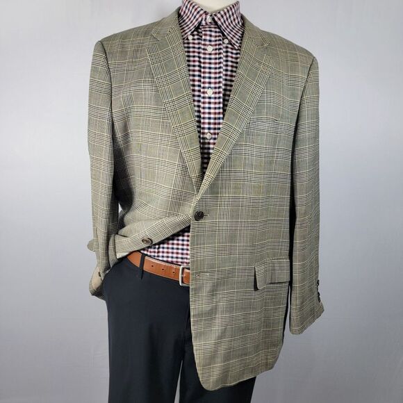 John Nordstrom Men's Sport Coat Blazer Two Button Beige Glen Plaid Silk Wool 46R